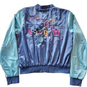 Disney Lilo & Stitch Blue Satin Bomber Jacket Hawaii Embroidered Zip Up Kids Med